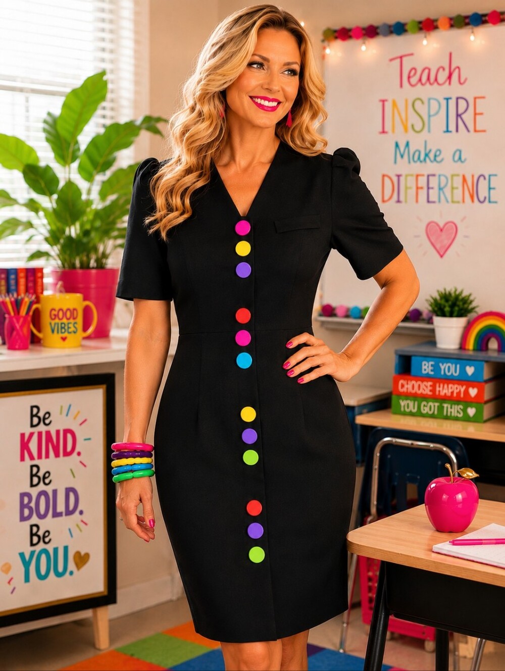 Vintage 80s Peri Petites Rainbow Colorful Buttons Black Shift Midi Dress 12P